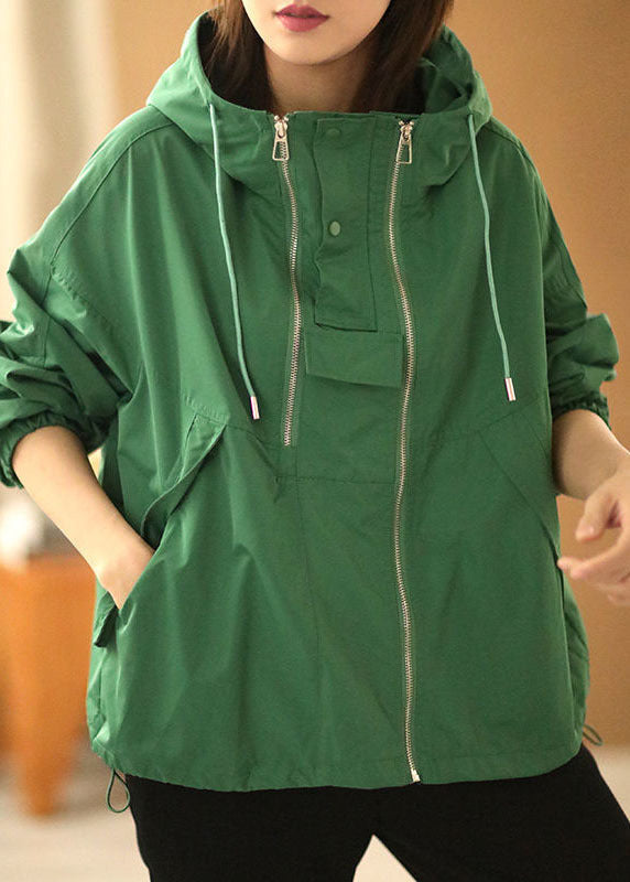 Green Oversized Zippered Drawstring Cotton Hooded Coat Long Sleeve
