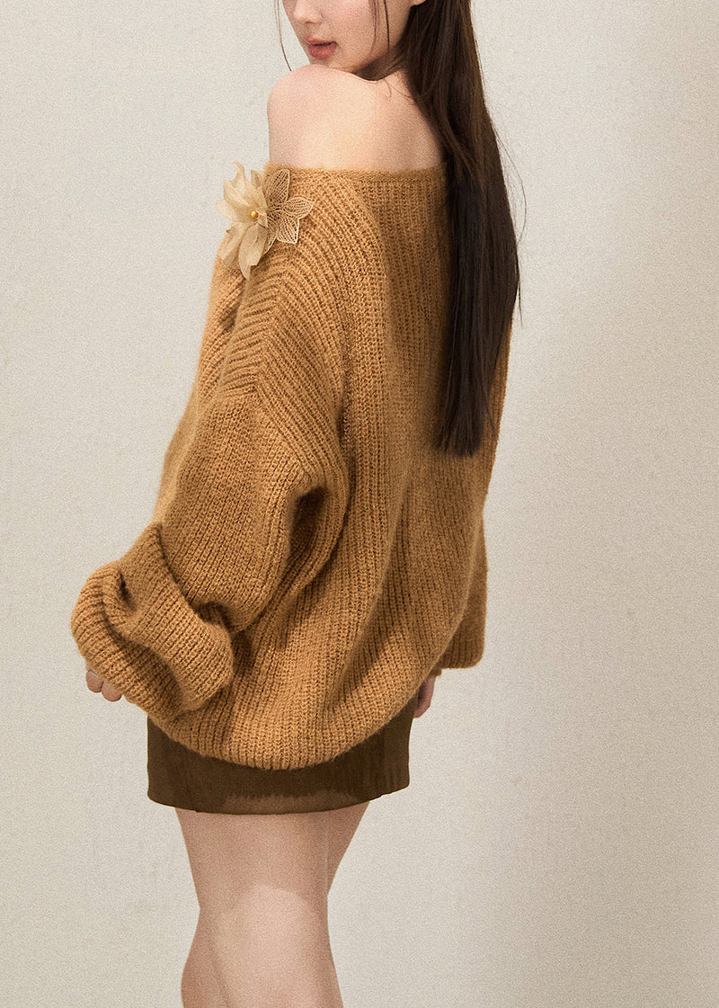 Brown Cold Shoulder Decorated Knit Shirts Fall