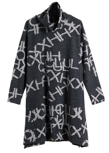 Black Turtleneck Alphabet Print Warm Fleece Thick Cotton Pullover Fall