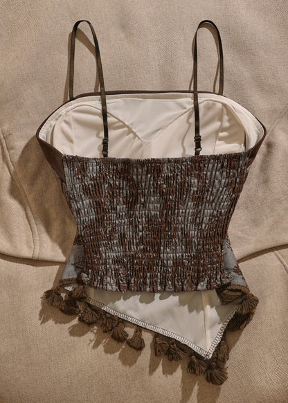 Retro Brown Slash Neck Print Patchwork Tank Sleeveless