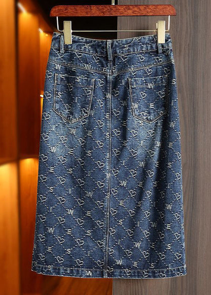 Blue Print Patchwork High Waist Denim a Line Skirt Summer