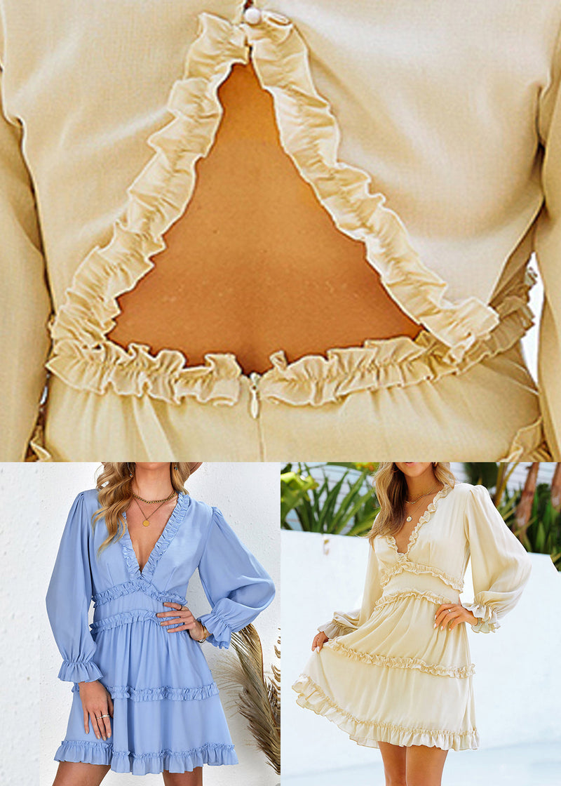 Light Blue Ruffled Patchwork Mid Dress Lantern Sleeve
