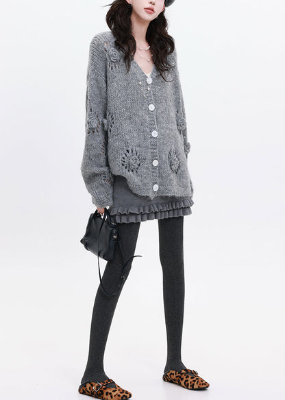 Grey Stereoscopic Knit Loose Coat Oversized Winter
