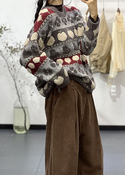 Stylish Grey O Neck Jacquard Knit Sweater Tops Spring