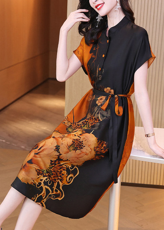 O-neck Print Button Tie Waist Silk Maxi Dresses Short Sleeve