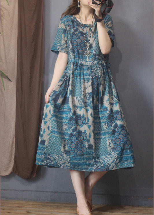 Style Blue O-neck Tie Waist Print Linen Dress Short Sleeve
