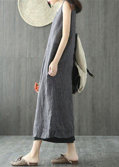 Black O Neck Pockets Linen Long Dresses Sleeveless