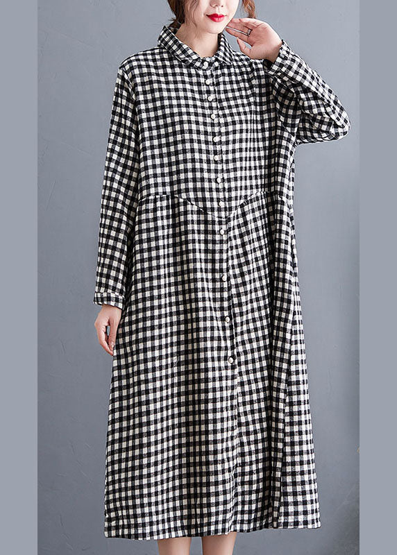 Classy Black Peterpan Collar Plaid Cotton Long Dress Spring