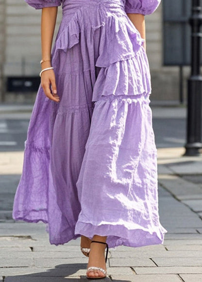 Purple Puff Sleeve Exra Large Hem Cotton Long Dresses Summer