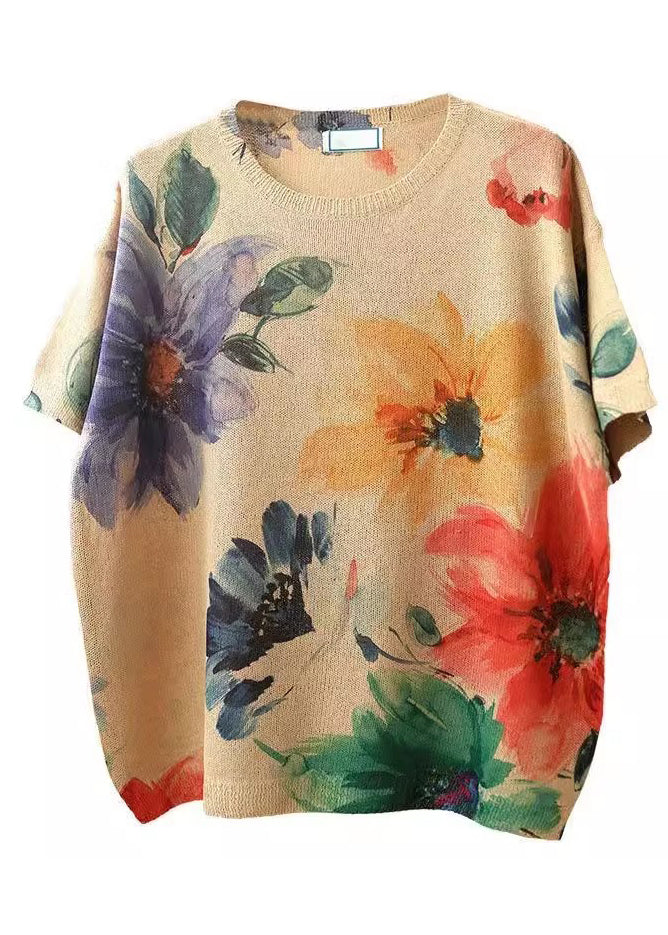 Loose Big Flower O-neck Cozy Cotton Knit Top Short Sleeve