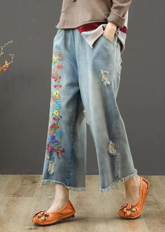 Denim Blue Elastic Waist Embroideried Cotton Wide Leg Pants Summer