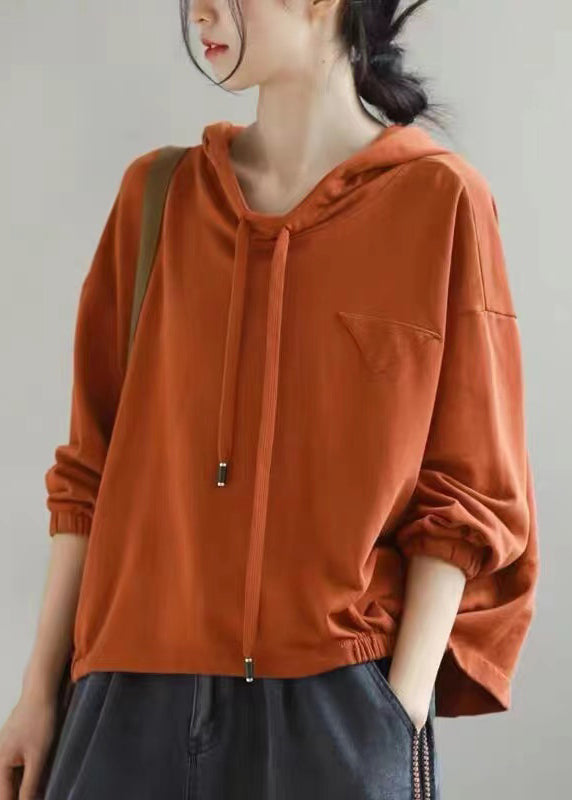 Orange Hooded Lace Up Cotton Sweatshirts Long Sleeve