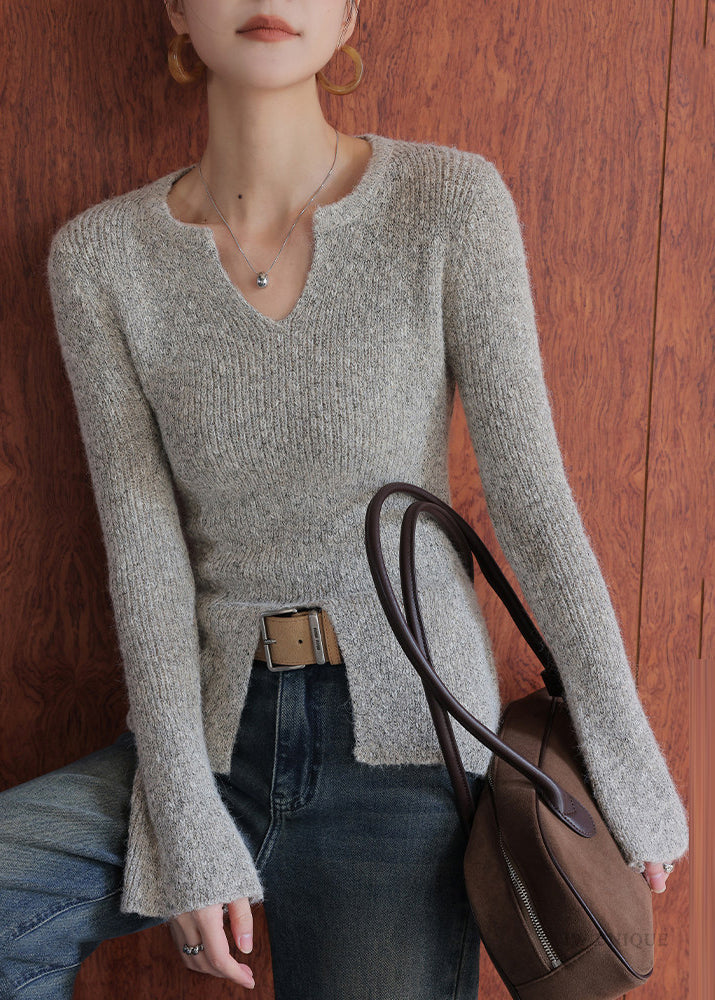 Oat Color V Neck Side Open Cotton Knit Sweaters Flare Sleeve