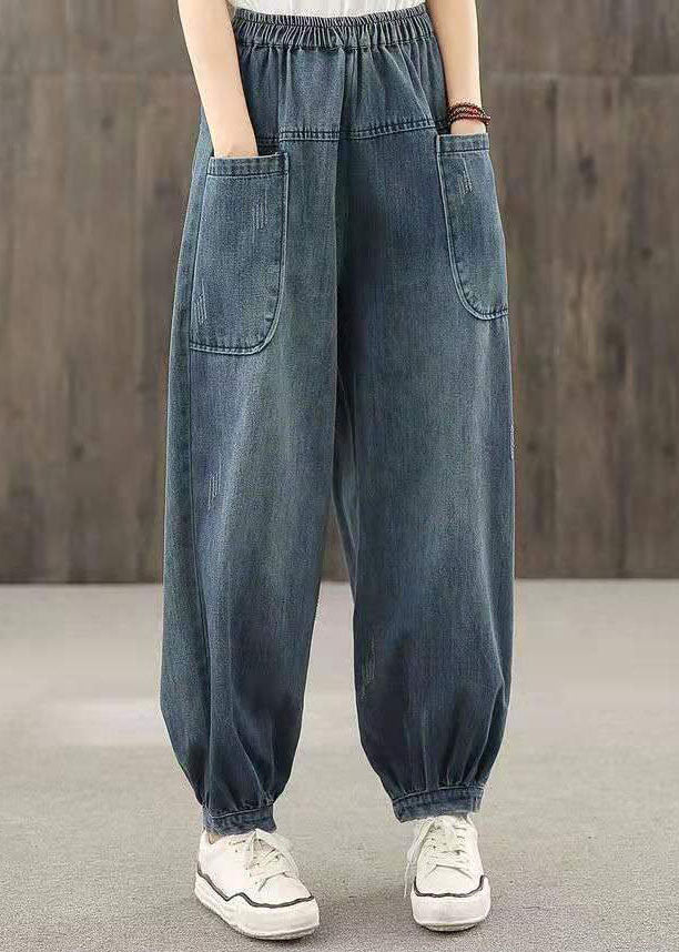 Blue Elastic Waist Big Pockets Patchwork Cotton Denim Harem Pants Summer