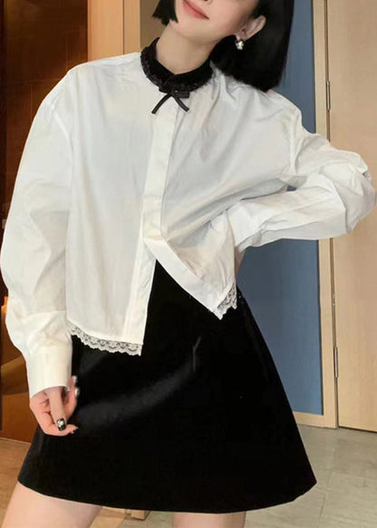 French White Lace Patchwork Cotton Blouse Long Sleeve