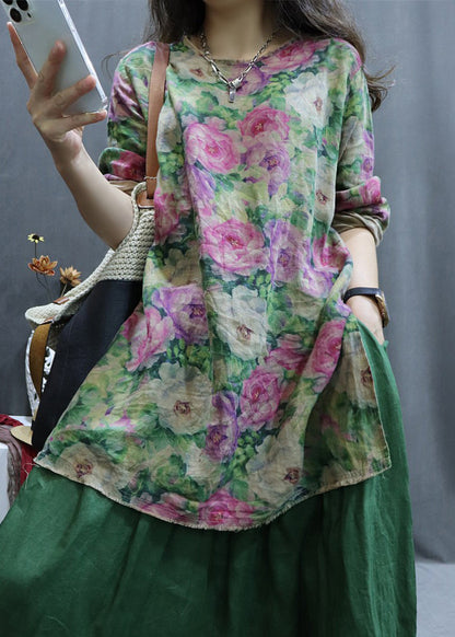 Pink Low High Design Linen Shirt O-neck Long Sleeve