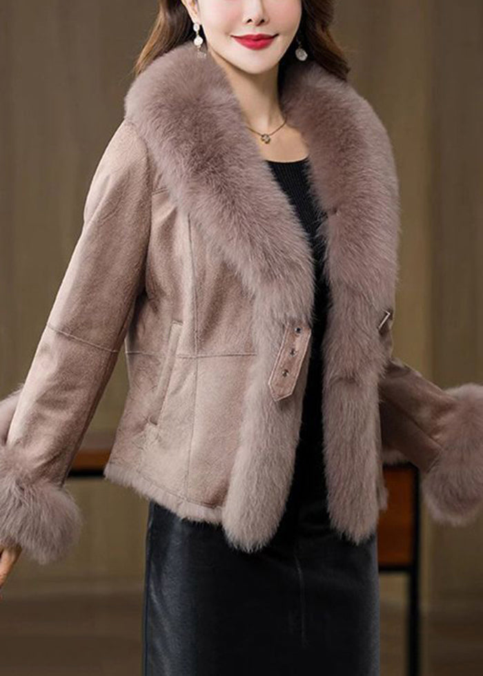 Unique Khaki Fox Collar Silm Fit Fuzzy Rabbit Leather and Fur Coats Winter