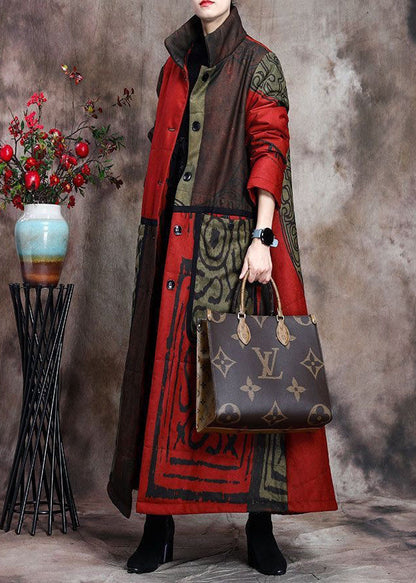Boutique Green Print Pockets Thick Cotton Winter Long Sleeve Coat