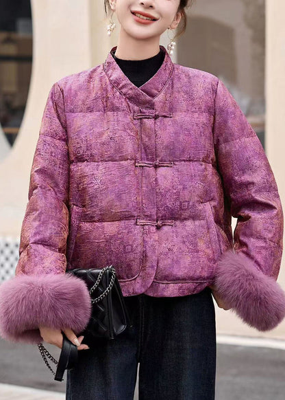 Purple Jacquard Patchwork Fox Fur Duck Down Jackets Winter