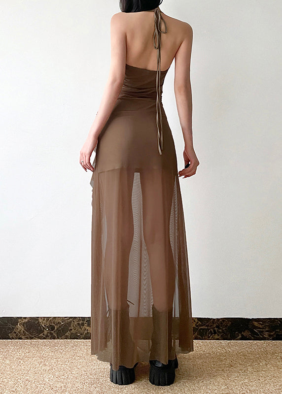 Brown Side Open Silm Fit Tulle Halter Dress Summer