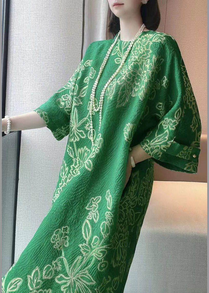 Jacquard Green O-neck Print Pockets Silk Dress Half Sleeve