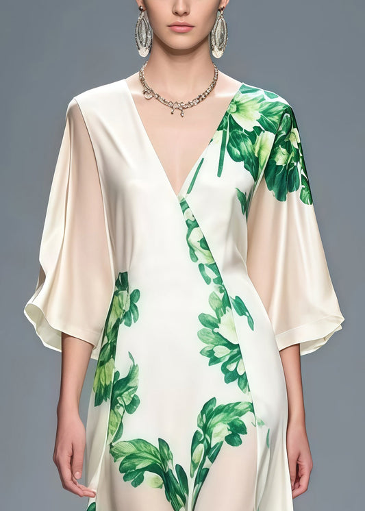 White V Neck Print Chiffon Dinner Dress Bracelet Sleeve Summer