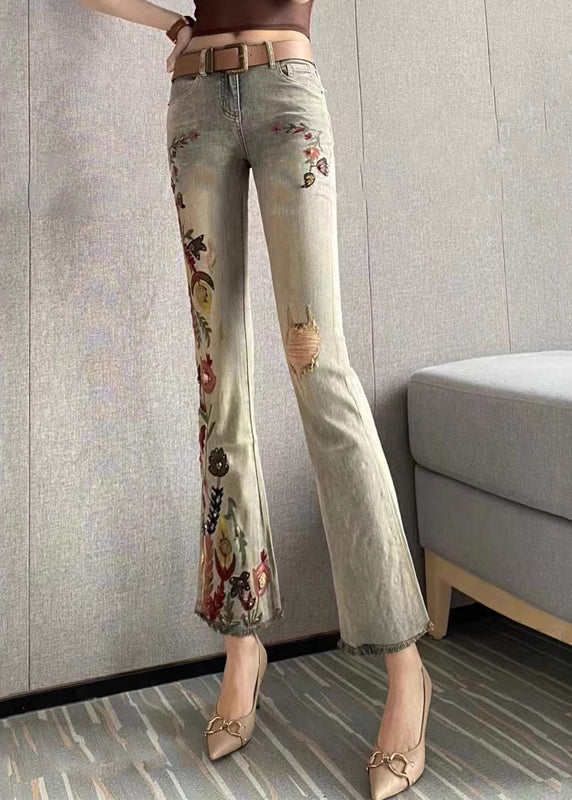 Embroidered Pockets Denim Flare Bottoms Spring