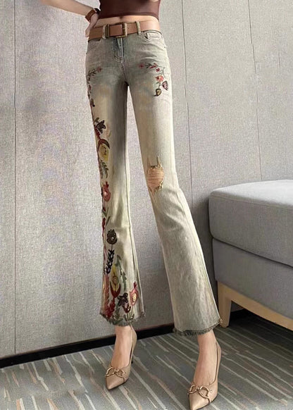 Embroidered Pockets Denim Flare Bottoms Spring