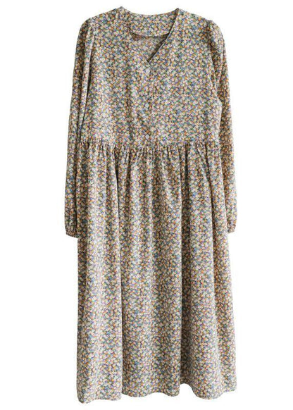 Fine Yellow Green Print Cinched V Neck Vacation Dresses Chiffon Dress