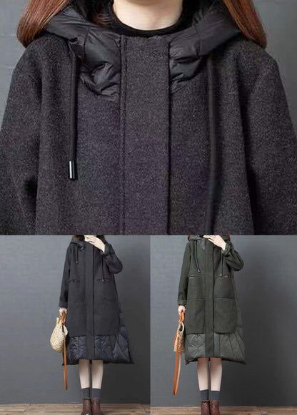 Black Hooded Pockets Patchwork Thick Long Coat Winter