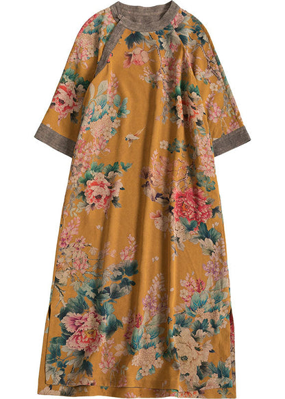 Yellow O-neck Patchwork Print Silk Long Dress Caftan Bracelet Sleeve