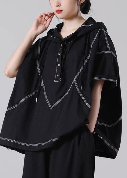 Drawstring Black Drawstring Cotton Blouses Summer