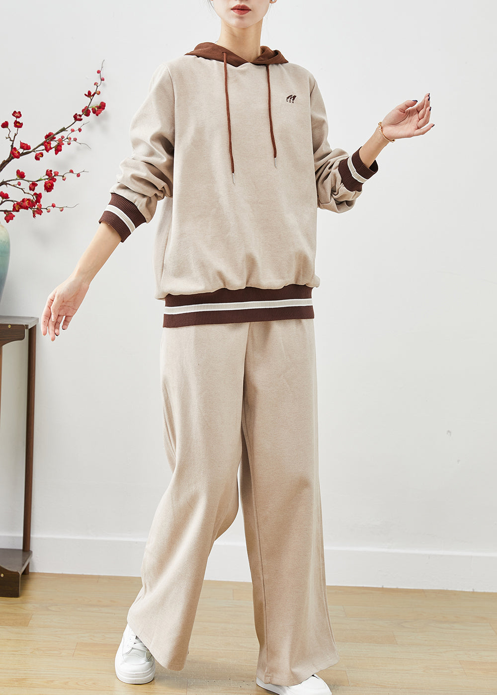 Beige Hooded Patchwork Cotton Sweatshirt Two Piece Set Outfits Fall