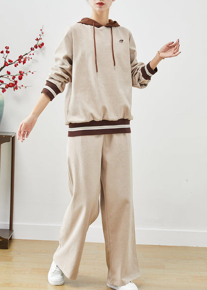 Beige Hooded Patchwork Cotton Sweatshirt Two Piece Set Outfits Fall