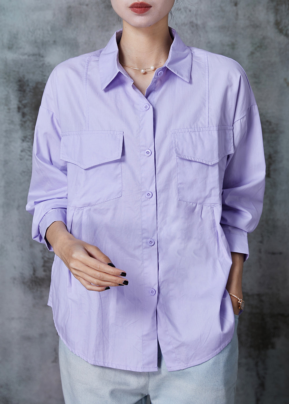Modern Purple Wrinkled Pockets Cotton Blouse Tops Summer