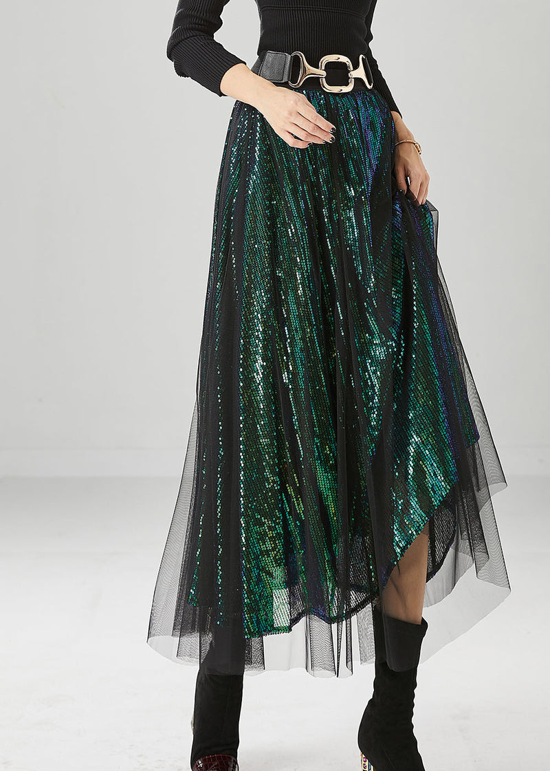 Peacock Green Silm Fit Tulle a Line Skirts Sequins Fall