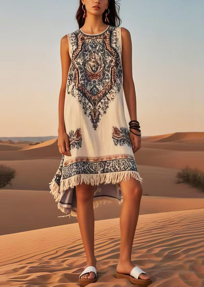 Diy White Tasseled Print Cotton Holiday Dress Sleeveless