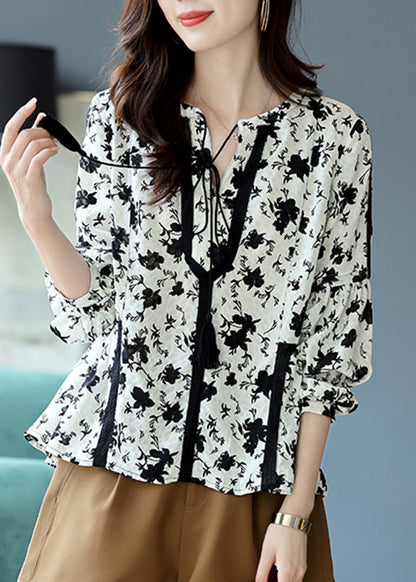 Black White Colour V Neck Print Lace Patchwork Chiffon Shirts Long Sleeve