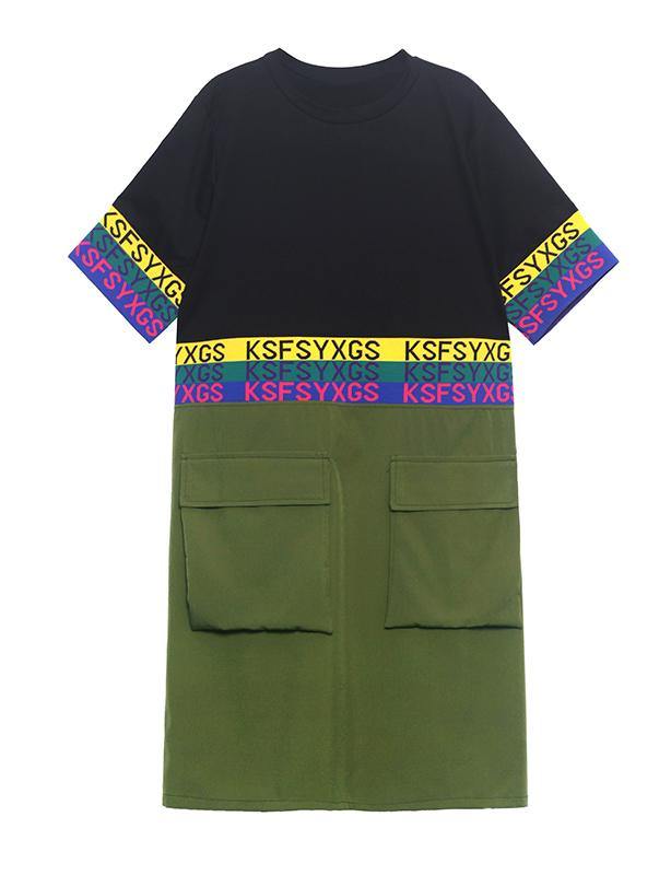 Fine Black Patchwork Green Pockets Holiday Summer Cotton Dress