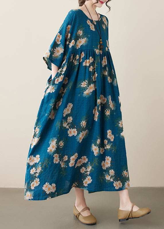 Classy Navy O-neck Patchwork Wrinkled Party Maxi Dress Summer