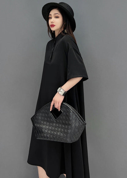 Black Asymmetrical Design Chiffon Long Dresses Short Sleeve