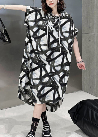 Black Hooded Print Patchwork Silk Cotton Long Dress Summer