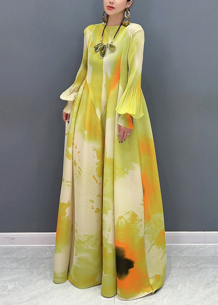 Light Green Print Patchwork Chiffon Maxi Dress Long Sleeve