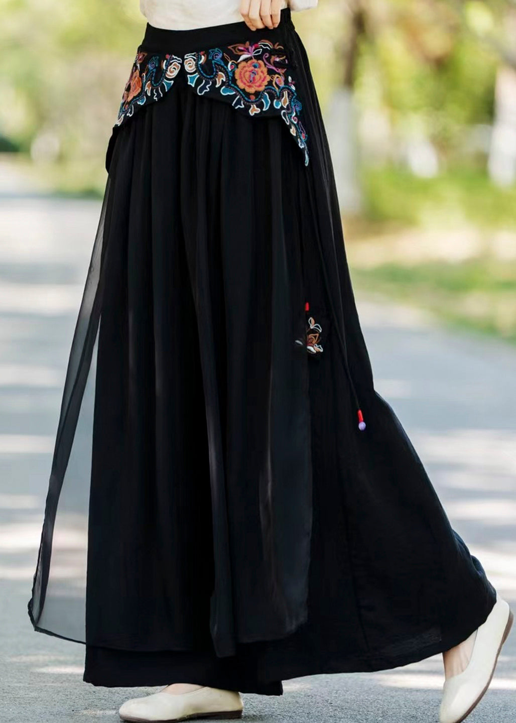 Khaki Pockets Embroidered Patchwork Silk Pants Fall