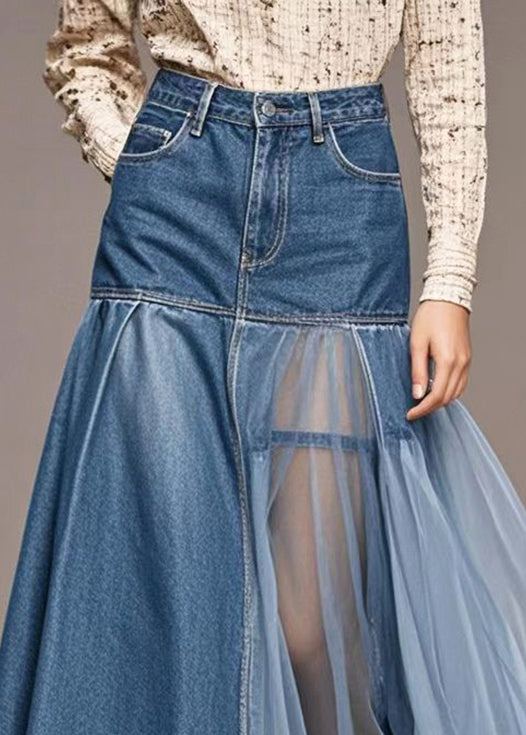 Blue Silm Fit Tulle Patchwork Denim Skirt Spring