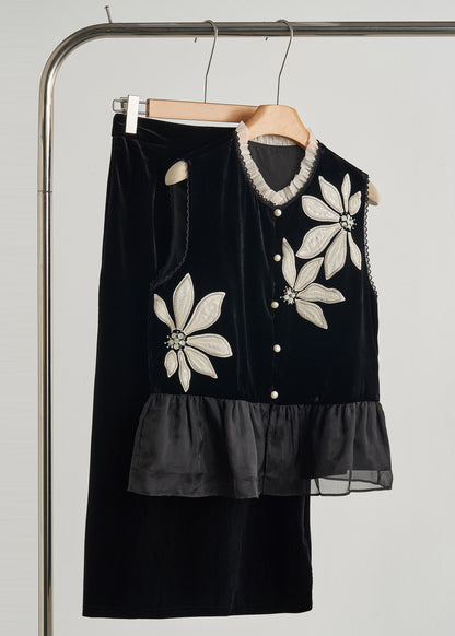 Diy Black Embroidered Organza Patchwork Silk Velour Vests Fall