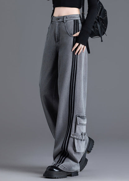 Black Pockets Patchwork High Waist Denim Pants Spring