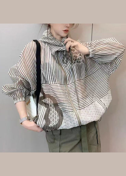 Hooded Drawstring Striped Jackets Summer
