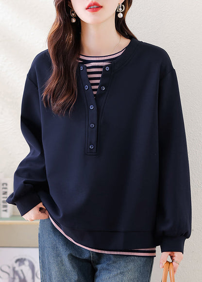 Navy Oversized Patchwork Cotton Sweatshirt Fall