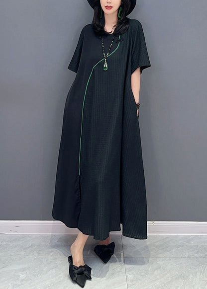 Natural Black O-neck Patchwork Long Dresses Short Sleeve